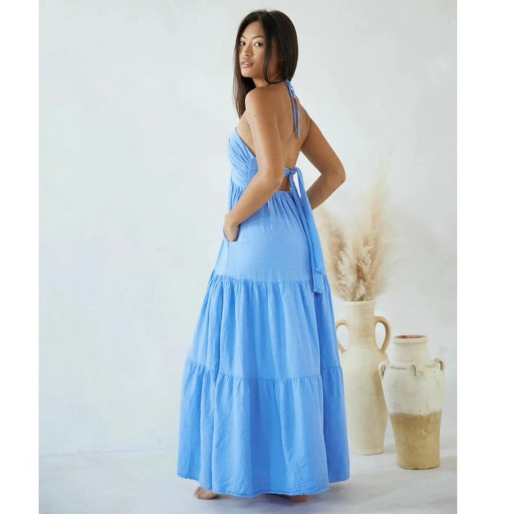 Blanco by Nature Carlotta Maxi Dress Blue Halter Backless Tiered Small EUC - Picture 4 of 8